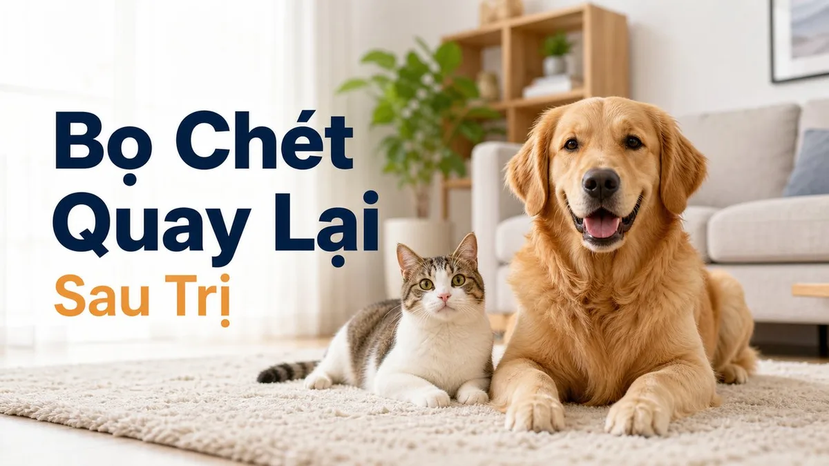 Bác sĩ thú y kiểm tra chó mèo trong nhà, minh họa nguy cơ bọ chét quay lại sau khi trị.