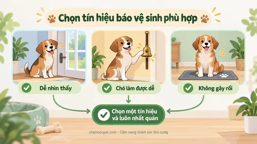 Infographic tiếng Việt minh họa cách chọn tín hiệu báo đi vệ sinh cho chó như đứng ở cửa, bấm chuông hoặc ngồi trên thảm.