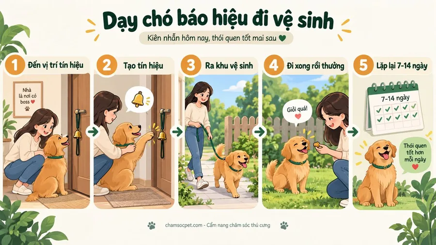 Infographic tiếng Việt tóm tắt 5 bước dạy chó báo đi vệ sinh bằng tín hiệu, ra ngoài và thưởng đúng lúc.