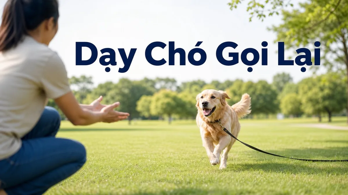 Chủ nuôi dạy chó lệnh gọi lại trong sân an toàn với phần thưởng tích cực.