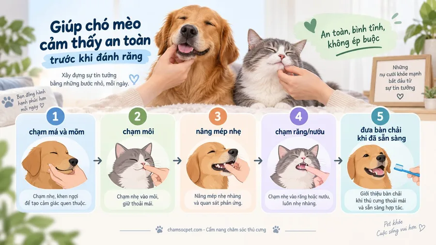 Infographic tiếng Việt minh họa các bước giúp chó mèo quen chạm miệng trước khi chải răng.