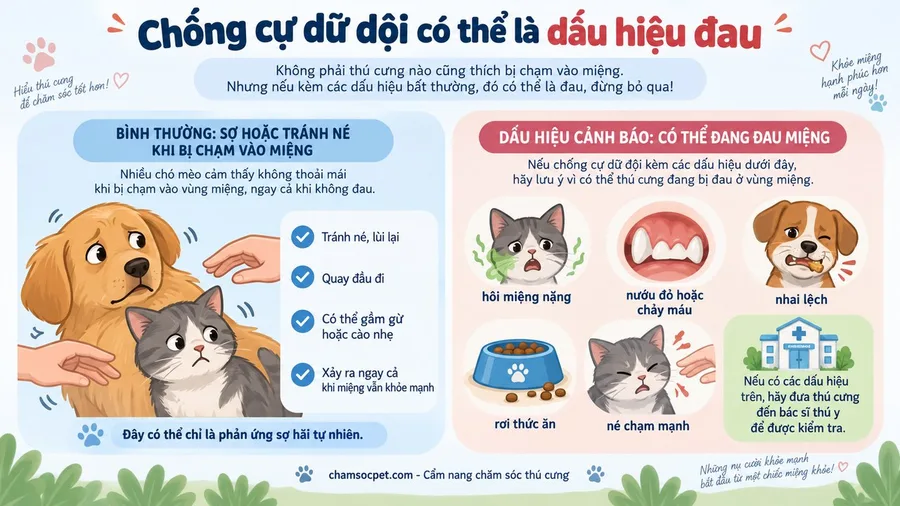 Thẻ cảnh báo tiếng Việt về các dấu hiệu chó mèo có thể đau miệng khi bị chạm quanh mõm.