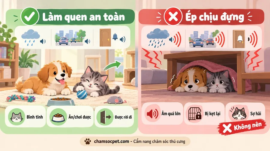 Infographic so sánh làm quen tiếng ồn an toàn với ép chó mèo con chịu đựng âm thanh lớn.