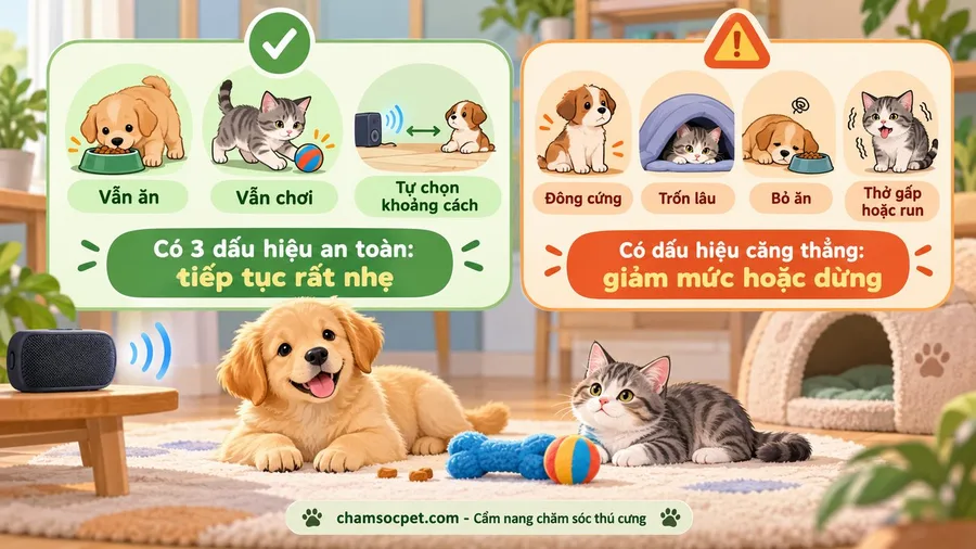 Infographic checklist dấu hiệu chó mèo con vẫn an toàn khi tập làm quen với tiếng ồn.