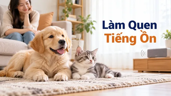 Chó con và mèo con làm quen tiếng ồn trong nhà bằng thưởng tích cực