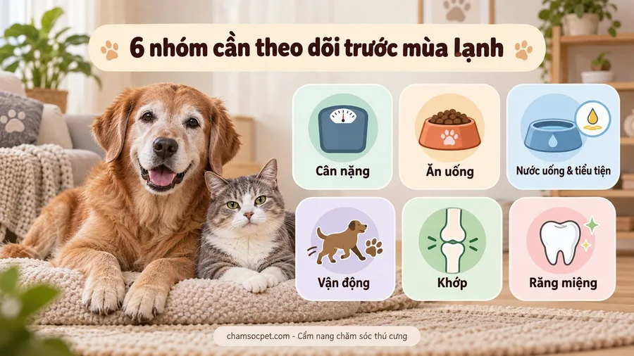 Infographic minh họa chó mèo già với 6 nhóm cần theo dõi trước mùa lạnh gồm cân nặng, ăn uống, nước uống, tiểu tiện, vận động, khớp và răng miệng.