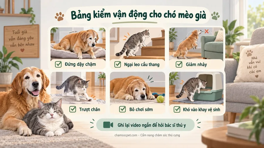 Bảng kiểm minh họa các dấu hiệu giảm vận động và đau khớp âm thầm ở chó mèo già như đứng dậy chậm, ngại leo cầu thang và giảm nhảy.