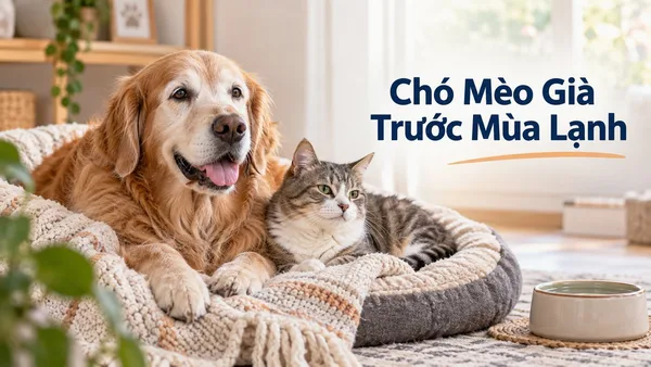 Chăm sóc chó mèo già trước mùa lạnh với ổ nằm ấm và theo dõi sức khỏe.