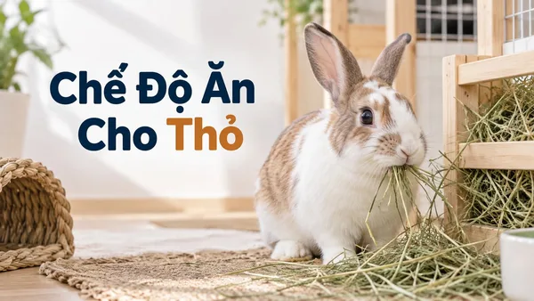 Thỏ ăn cỏ khô trong chuồng sạch, minh họa chế độ ăn đúng cho thỏ