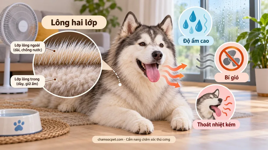 Infographic tiếng Việt minh họa chó lông dày hai lớp bị giảm thoát nhiệt khi trời nóng ẩm và bí gió.