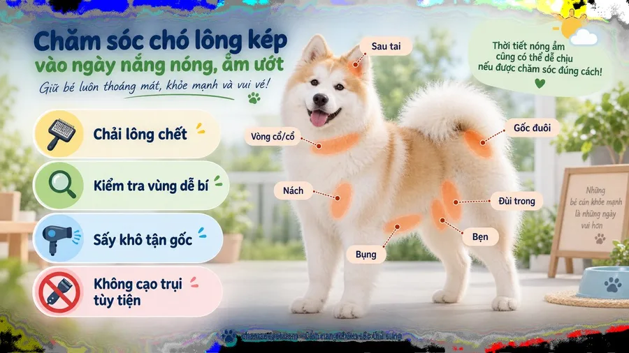 Checklist tiếng Việt các vùng cần chải và kiểm tra khô thoáng trên chó lông dày.