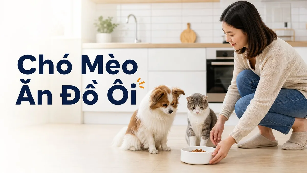 Chủ nuôi kiểm tra chó mèo ăn thức ăn ôi thiu và bỏ phần thức ăn hỏng trong bếp.