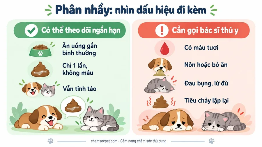 Infographic tiếng Việt so sánh phân nhầy nhẹ có thể theo dõi với phân nhầy kèm máu, nôn, đau bụng hoặc lừ đừ cần khám thú y.