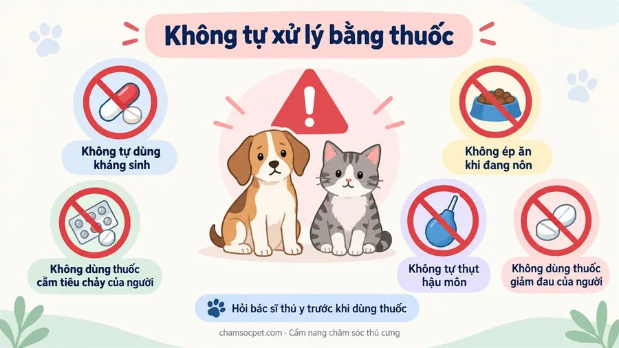 Infographic cảnh báo không tự dùng kháng sinh, thuốc cầm tiêu chảy, thuốc giảm đau của người hoặc thụt hậu môn cho chó mèo đi phân nhầy.