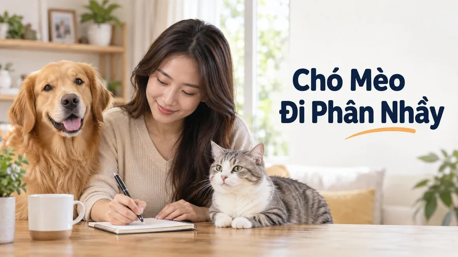 Bác sĩ khám chó mèo đi phân nhầy cùng chủ nuôi tại phòng khám.