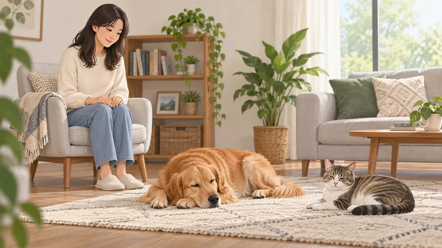 Người nuôi ngồi yên quan sát chó và mèo nghỉ tự nhiên, hai tay đặt trên đùi và không chạm vào thú cưng.