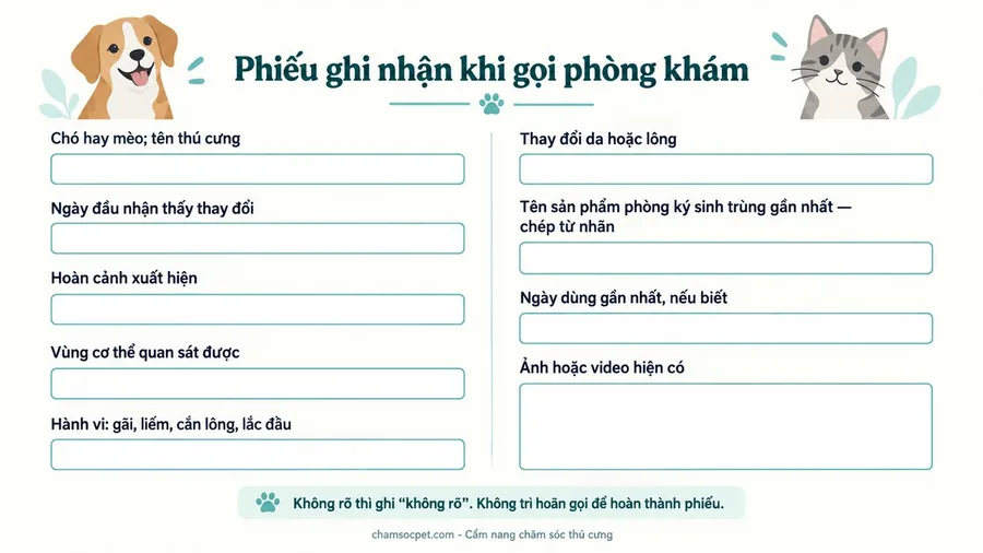 Phiếu ghi nhận gồm chín mục có ô trống để ghi thông tin chó mèo, hành vi quan sát và tên sản phẩm chép từ nhãn thật.