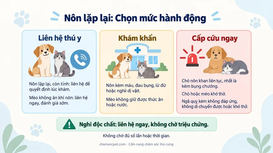 Infographic ba mức hành động khi chó mèo nôn lặp lại: liên hệ thú y, khám khẩn và cấp cứu ngay, kèm lưu ý liên hệ ngay khi nghi độc chất.