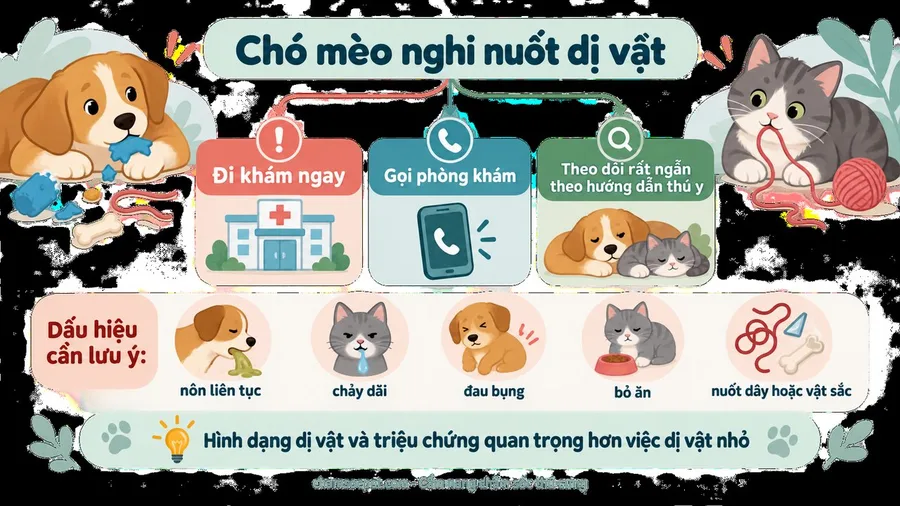 Infographic tiếng Việt phân luồng xử trí khi chó mèo nghi nuốt dị vật, gồm dấu hiệu cần khám ngay và khi cần gọi phòng khám.