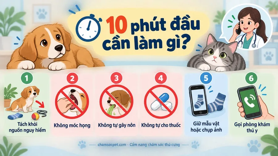 Checklist tiếng Việt về những việc nên và không nên làm trong 10 phút đầu khi chó mèo nghi nuốt dị vật.