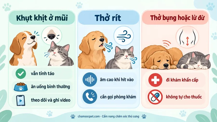 Infographic tiếng Việt so sánh tiếng khụt khịt ở mũi, thở rít và thở bụng ở chó mèo.
