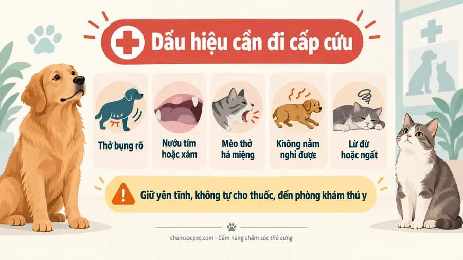 Infographic tiếng Việt liệt kê các dấu hiệu cấp cứu khi chó mèo thở khò khè như thở bụng, tím nướu và lừ đừ.