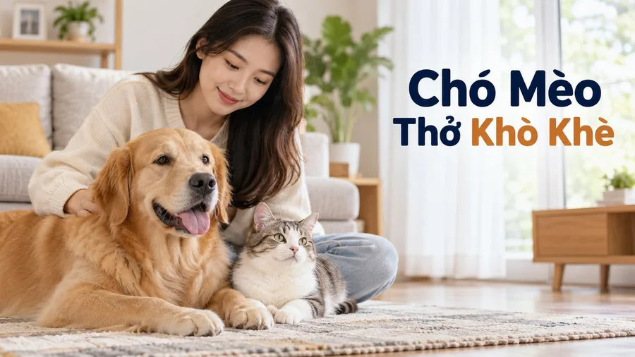 Bác sĩ kiểm tra chó mèo thở khò khè tại phòng khám thú y