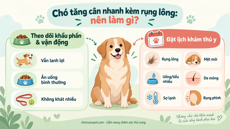 Sơ đồ quyết định về chó tăng cân nhanh kèm rụng lông, phân biệt khi theo dõi khẩu phần và khi cần đặt lịch khám thú y.