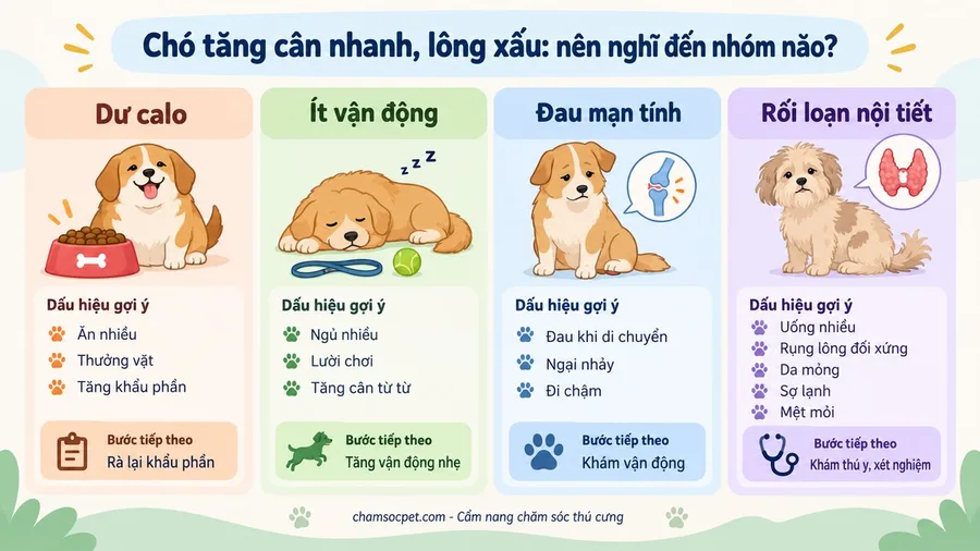 Bảng so sánh bốn nhóm nguyên nhân khiến chó tăng cân nhanh kèm da lông xấu: khẩu phần, ít vận động, đau mạn tính và nội tiết.