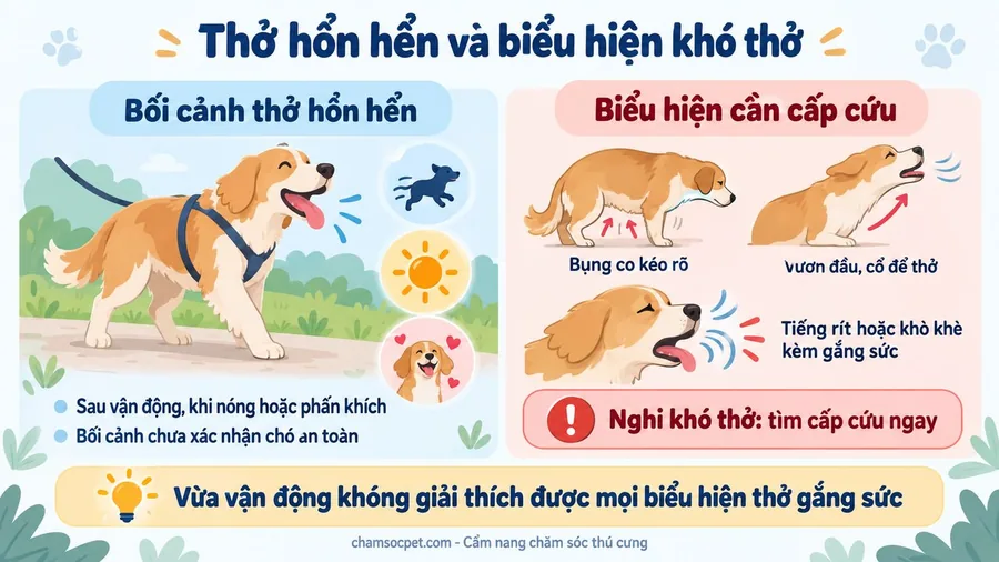 Infographic đối chiếu bối cảnh chó thở hổn hển sau vận động với biểu hiện bụng co kéo, vươn cổ và tiếng thở bất thường kèm gắng sức.