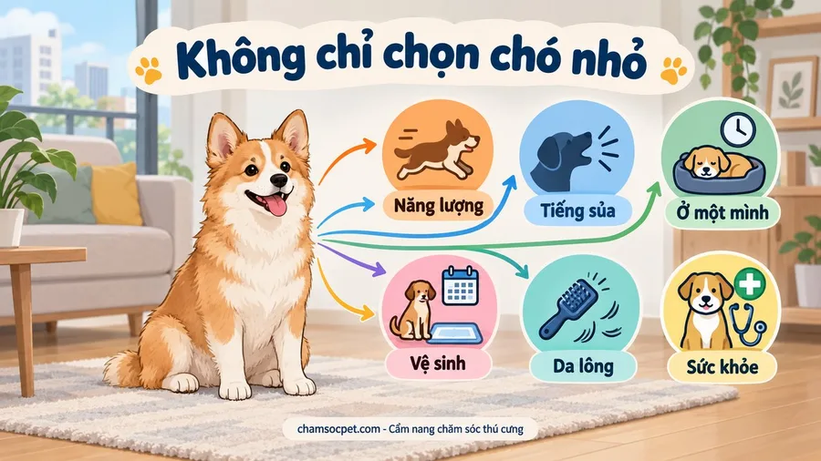 Infographic tiếng Việt minh họa các tiêu chí chọn chó nuôi chung cư ngoài kích thước như tiếng sủa, vận động và khả năng ở một mình.