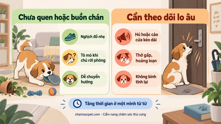 Infographic so sánh chó buồn chán với chó có dấu hiệu lo âu khi ở một mình trong căn hộ.