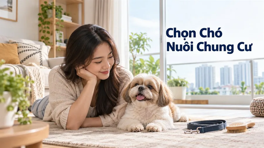 Chủ nuôi đánh giá chó nuôi chung cư trong căn hộ sáng, có dây dắt và dụng cụ chải lông.