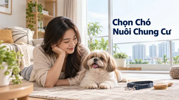 Chủ nuôi đánh giá chó nuôi chung cư trong căn hộ sáng, có dây dắt và dụng cụ chải lông.