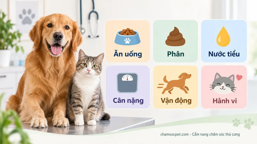 Infographic tiếng Việt minh họa 6 nhóm thông tin cần ghi trước khi đưa chó mèo đi khám định kỳ.