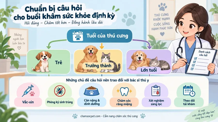 Sơ đồ quyết định tiếng Việt giúp chọn câu hỏi cần hỏi bác sĩ thú y theo tuổi và tình trạng chó mèo.