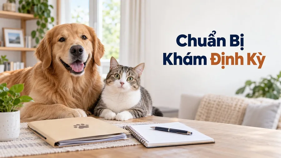 Chủ nuôi chuẩn bị nhật ký trước khi khám định kỳ chó mèo cùng bác sĩ thú y.