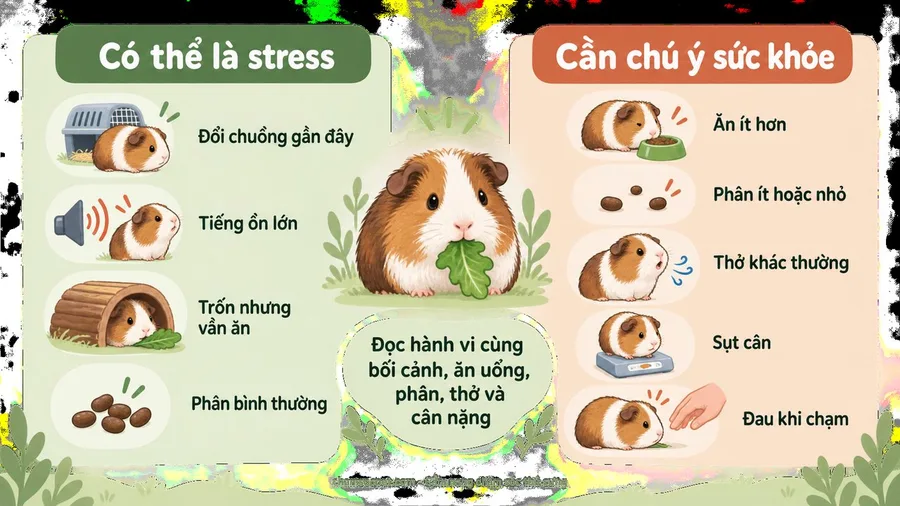 Infographic so sánh dấu hiệu bọ ú bị stress với dấu hiệu có thể liên quan đến đau hoặc bệnh.