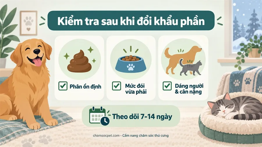 Infographic checklist tiếng Việt về theo dõi phân, mức đói và cân nặng của chó mèo sau khi đổi khẩu phần.