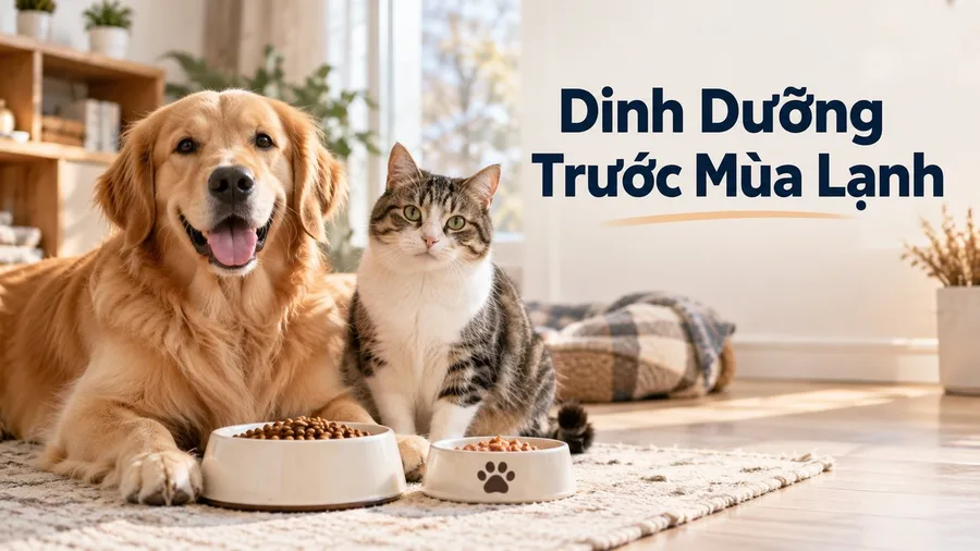 Chó mèo ăn khẩu phần phù hợp trước mùa lạnh, minh họa dinh dưỡng chó mèo trước mùa lạnh.