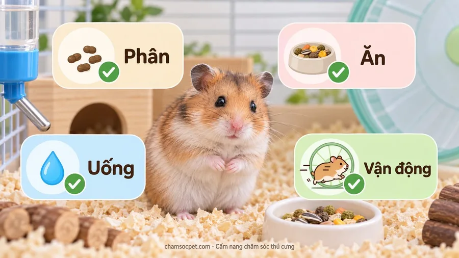 Infographic tiếng Việt về 4 yếu tố cần kiểm tra khi hamster đi phân ít gồm phân, ăn, uống và vận động.