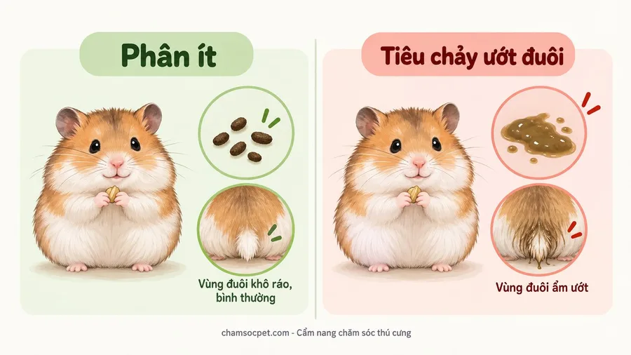 Infographic so sánh hamster đi phân ít với tiêu chảy ướt đuôi bằng minh họa phân khô và vùng đuôi ướt.