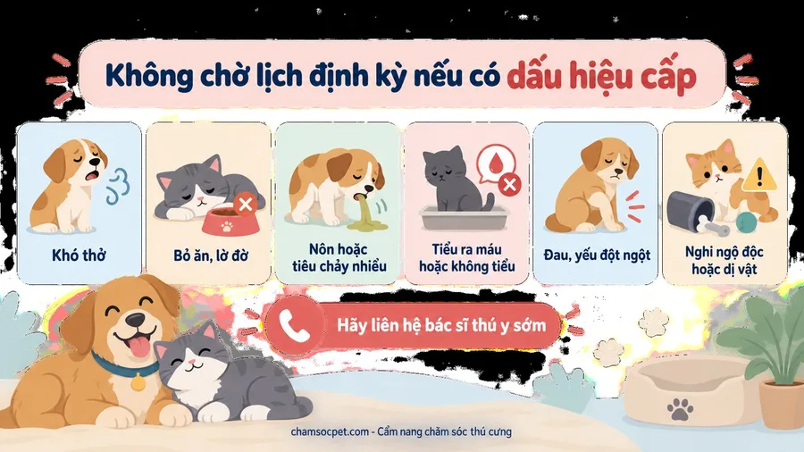 Infographic cảnh báo các dấu hiệu ở chó mèo cần đi khám ngay thay vì chờ lịch định kỳ.