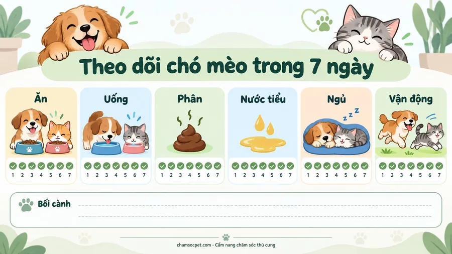 Infographic tiếng Việt gồm 6 nhóm cần ghi mỗi ngày cho chó mèo: ăn, uống, phân, nước tiểu, ngủ và vận động.