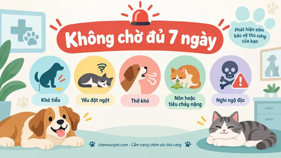 Infographic cảnh báo các dấu hiệu khẩn cấp ở chó mèo như khó tiểu, thở khó, yếu đột ngột, nôn tiêu chảy nặng hoặc nghi ngộ độc.