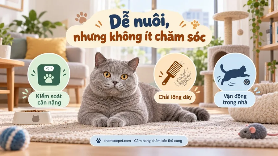 Infographic mèo Anh lông ngắn trong căn hộ với ba điểm chăm sóc gồm cân nặng, chải lông và vận động trong nhà.
