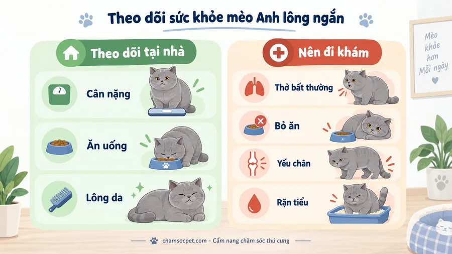 Infographic so sánh dấu hiệu cần theo dõi và dấu hiệu nên đưa mèo Anh lông ngắn đi khám thú y.