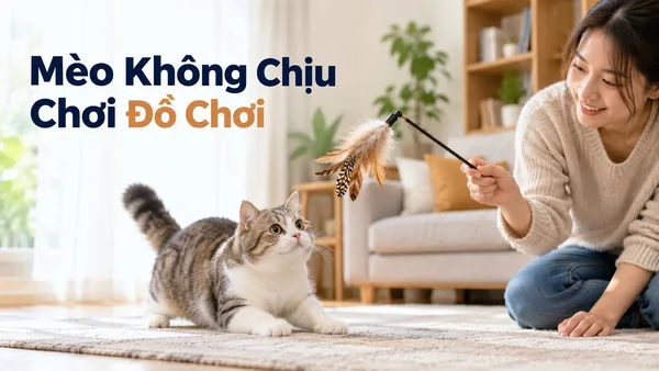 Mèo không chịu chơi đồ chơi đang rình cần câu lông vũ trong phòng yên tĩnh.