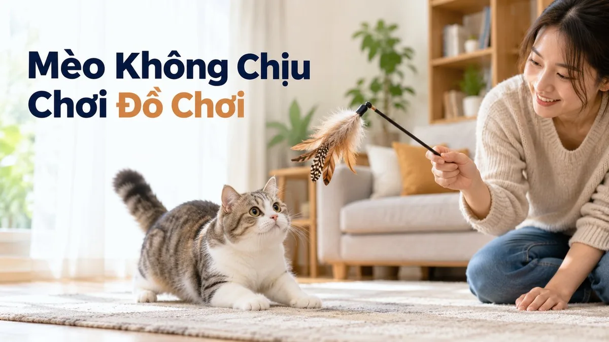 Mèo không chịu chơi đồ chơi đang rình cần câu lông vũ trong phòng yên tĩnh.