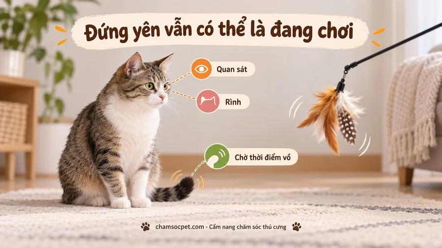 Mèo ngồi quan sát đồ chơi cần câu với các dấu hiệu tai hướng về trước, mắt dõi theo và đuôi khẽ giật.